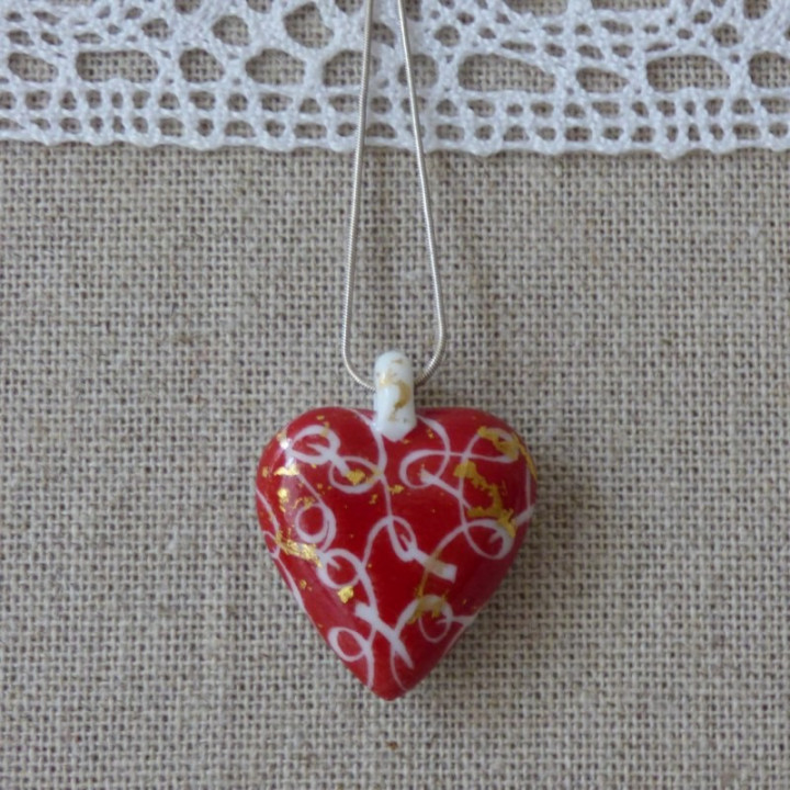 Collier coeur porcelaine - Ruban passion et or- Noces de porcelaine
