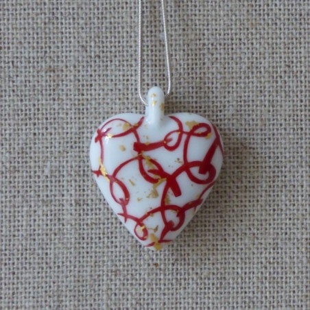 collier coeur ruban rouge et or