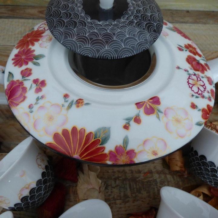 Limoges porcelain teapot decoration flowers of Japan - seigaiha black