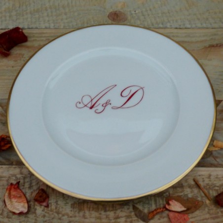 Assiette porcelaine fine décor initiales et filet or