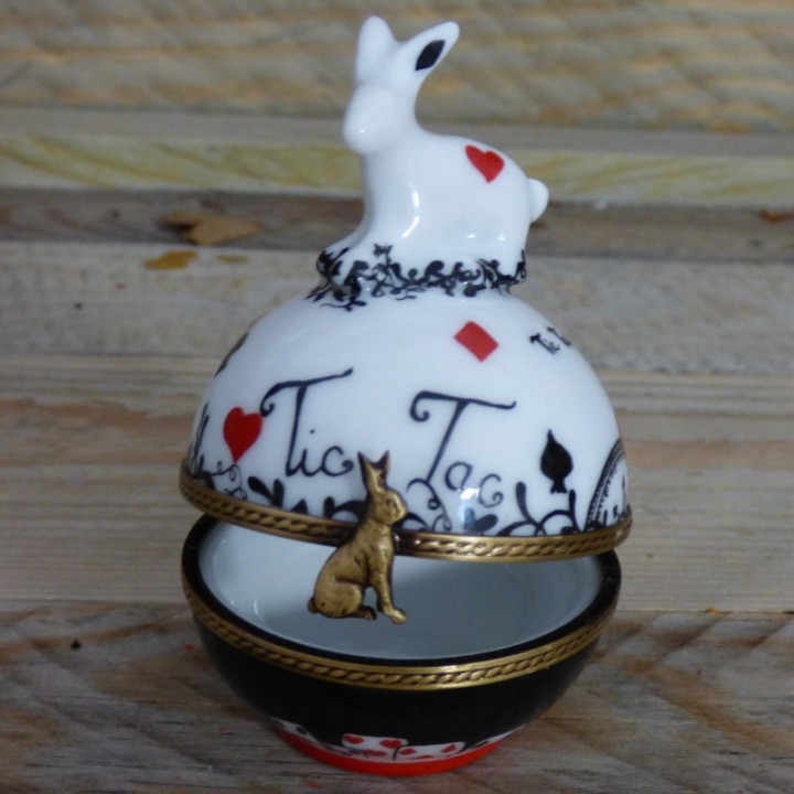 Red and black round porcelain box Alice Wonderland and the white rabbit