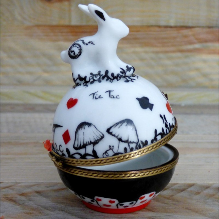 Boite porcelaine ronde rouge et noire Alice Wonderland et le lapin
