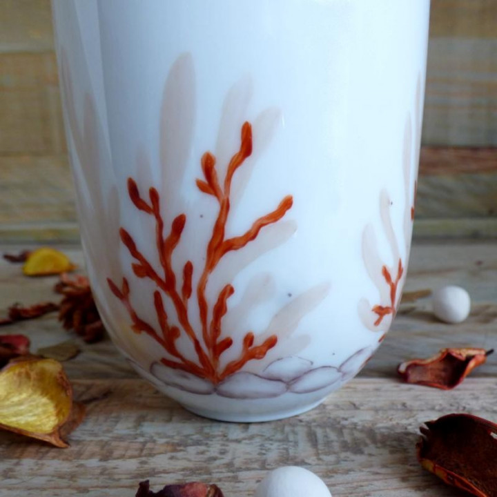 Tasse mug porcelaine décor orange corail - cadeau noces de corail