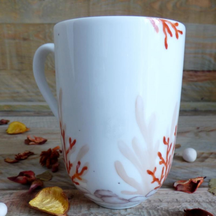 Tasse mug porcelaine décor orange corail - cadeau noces de corail