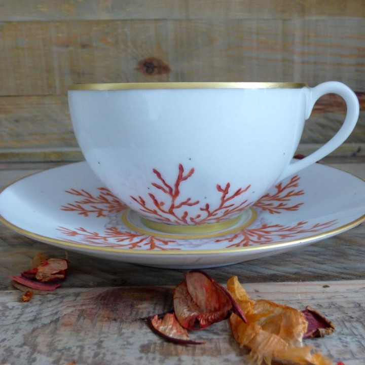 Tasse et soucoupe déjeuner porcelaine décor corail et or
