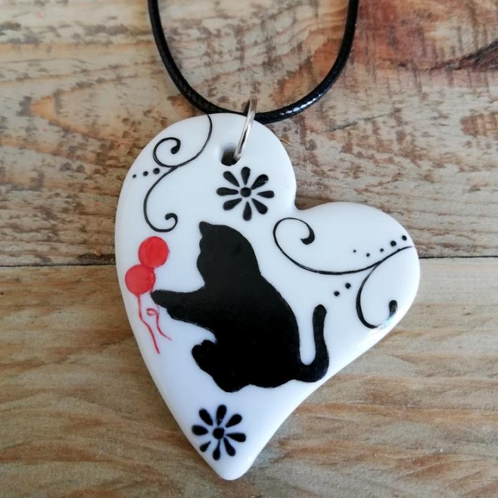 Collier coeur porcelaine - Petit chat noir - noces de porcelaine