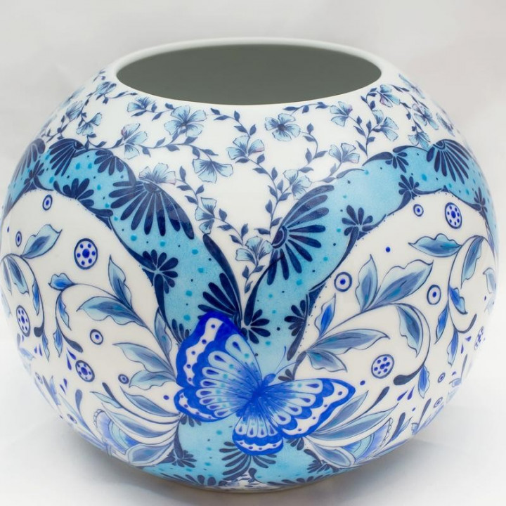 Blue porcelain ball vase butterfly decoration - hand painted - Limoges