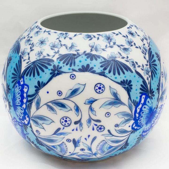 Blue porcelain ball vase butterfly decoration - hand painted - Limoges