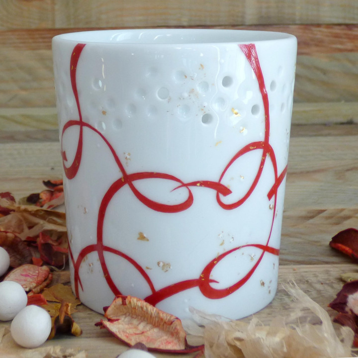 photophore porcelaine rouge et or anniversaire de mariage