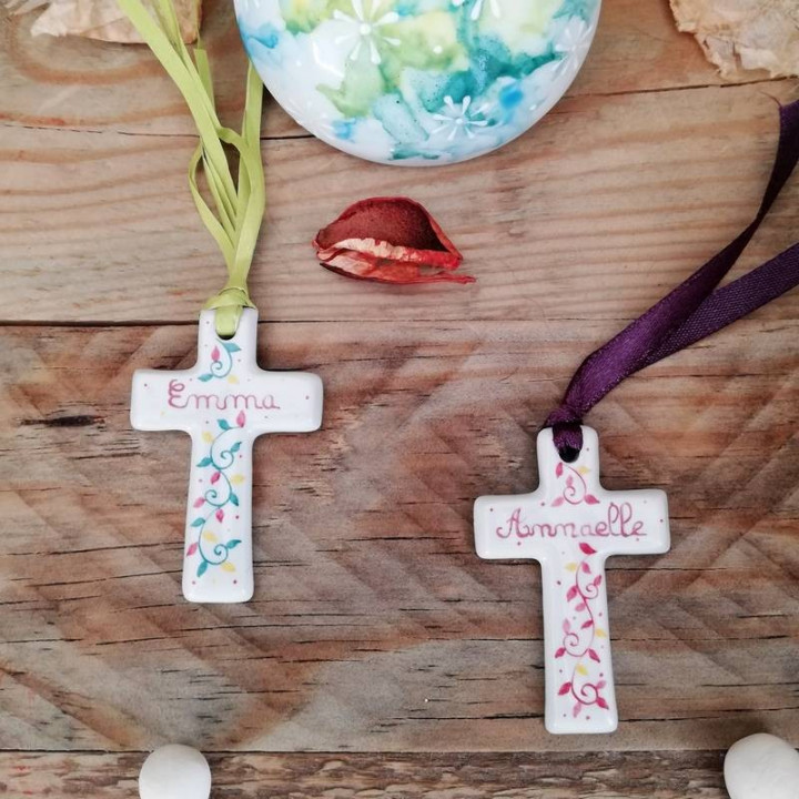 Croix personnalisée vert et rose - Naissance baptême ou communion