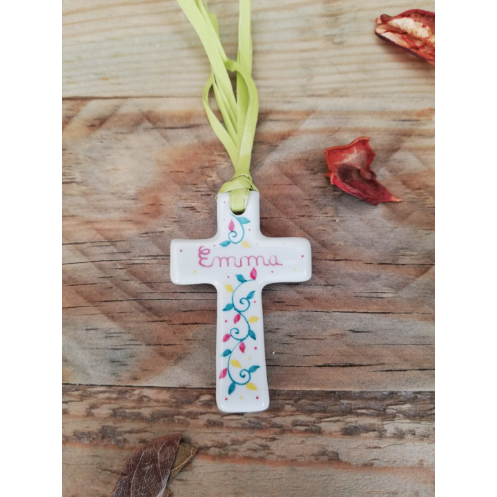 Small green and pink porcelain cross - Birth baptism or communion