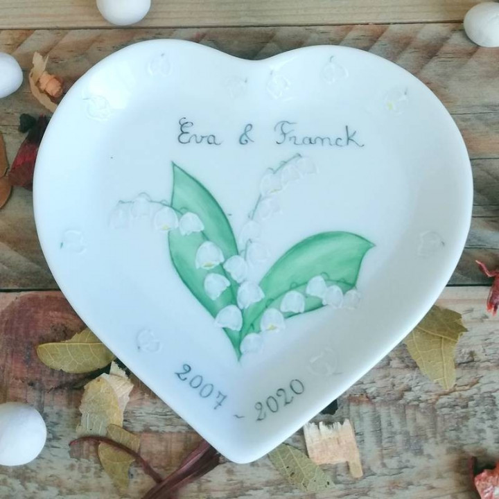 Coeur porcelaine Muguet porte-bonheur - cadeau 13 ans de mariage