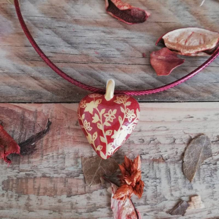 Collier coeur - Noces de porcelaine - Rouge profond or- Fleur du Japon