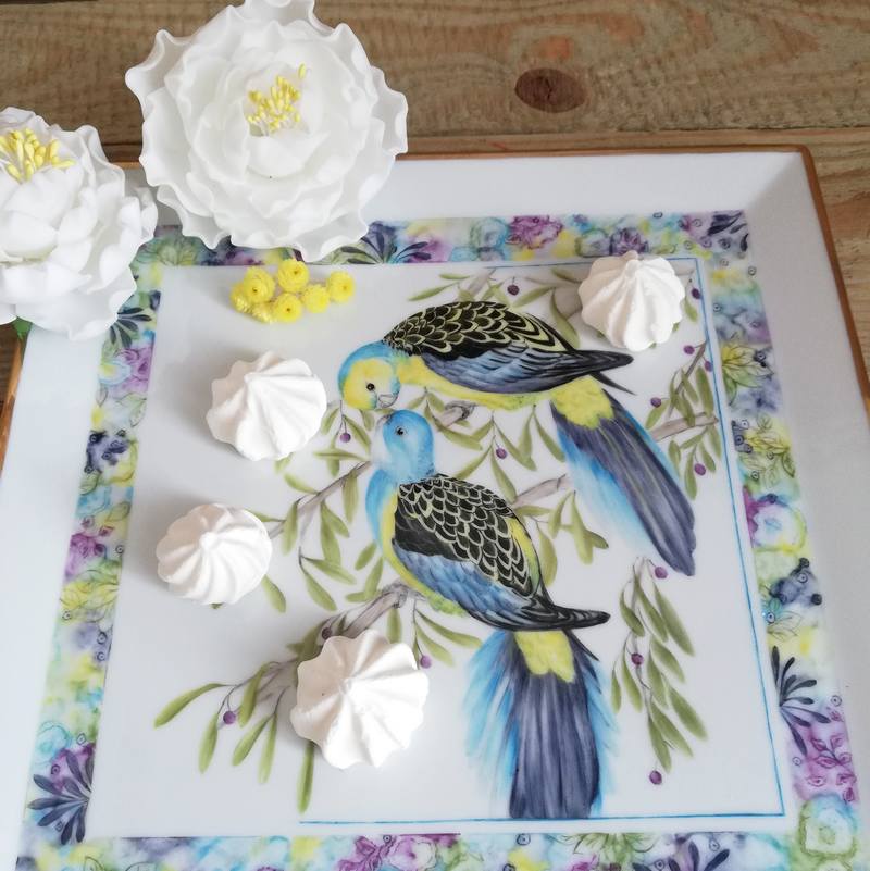 french porcelain - Tray handpainted with blue parakeets