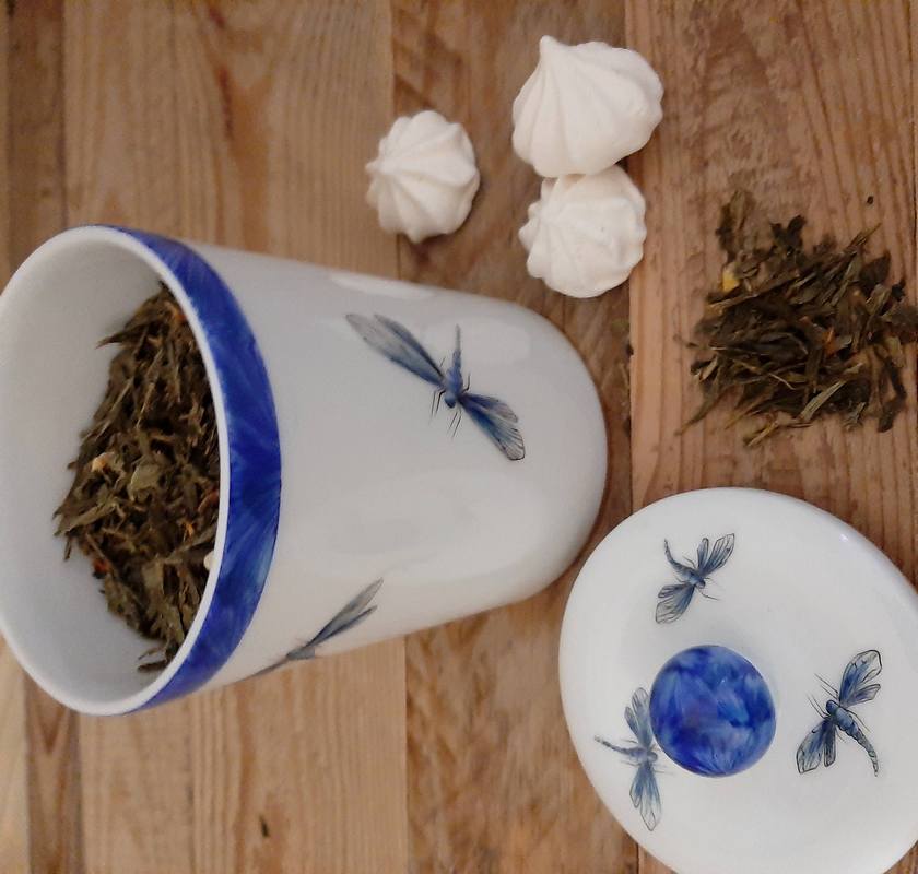 pot à thé en porcelaine décor libellules bleues
