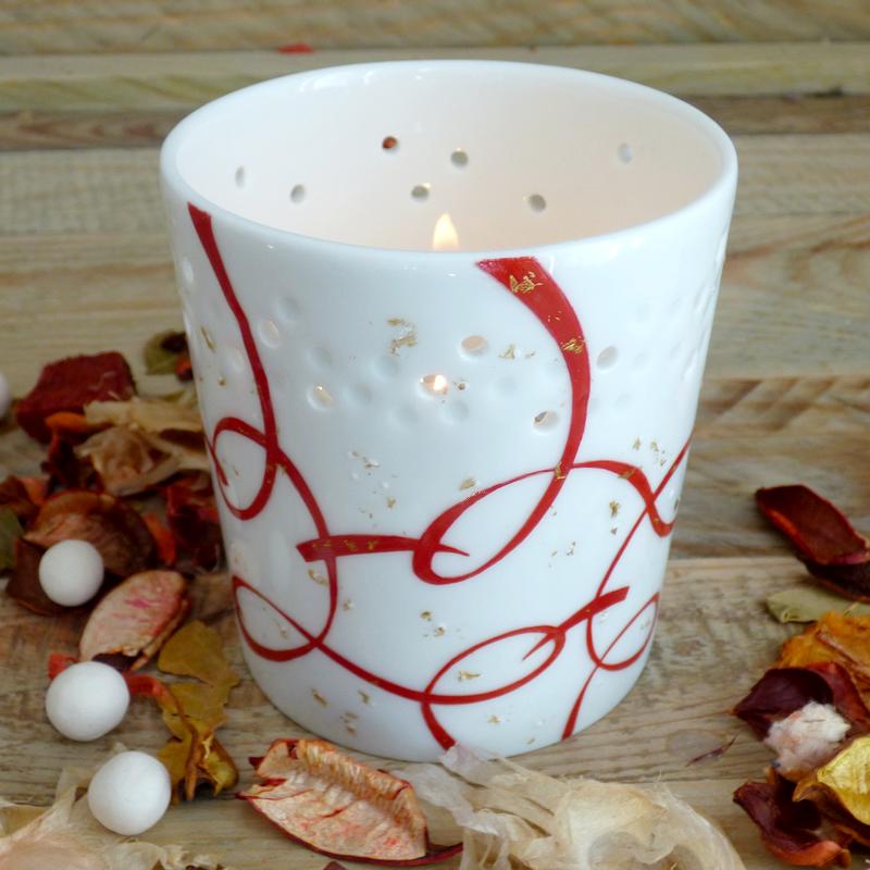 pot à bougie porcelaine de limoges décor rouge passion et or
