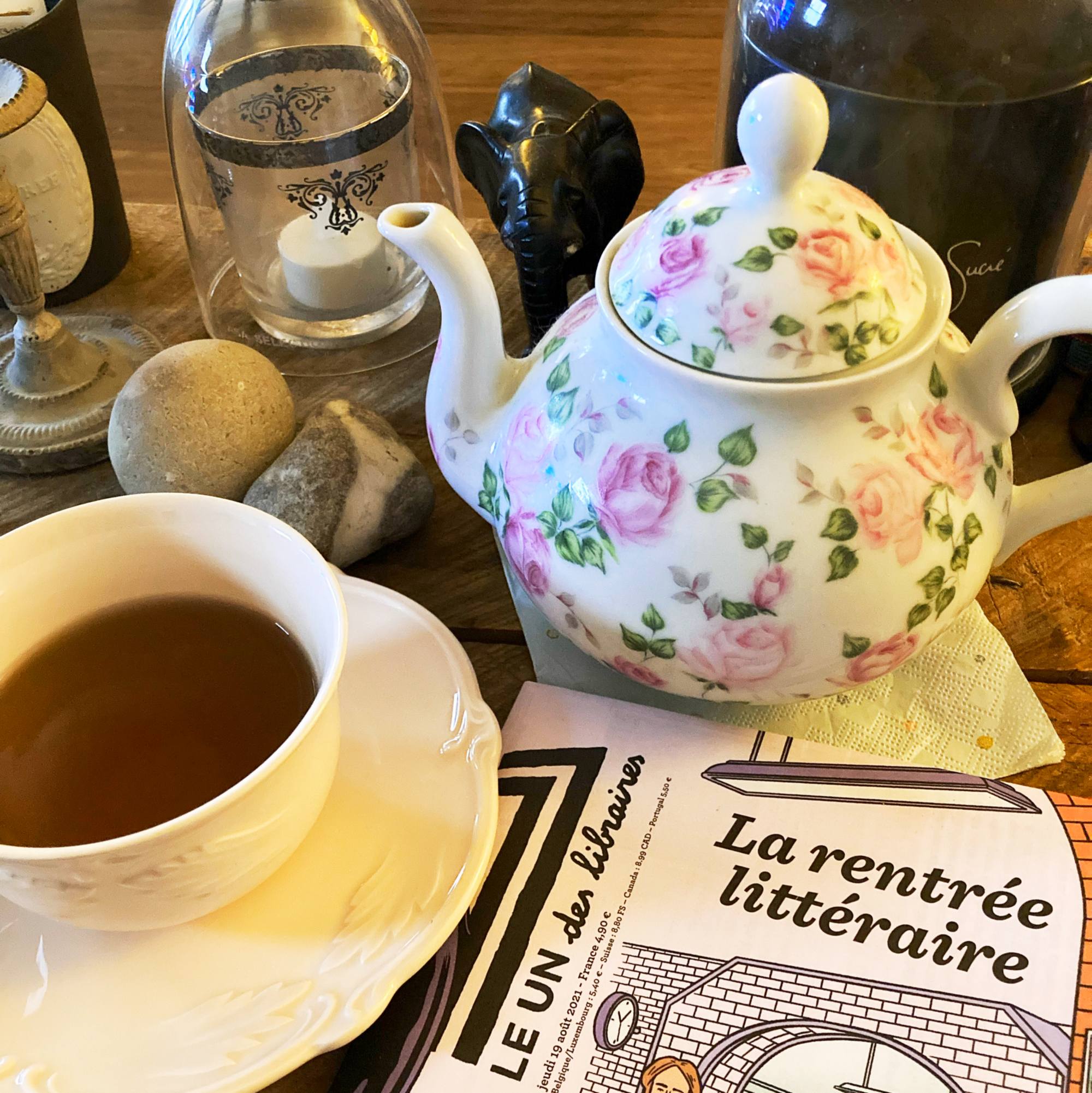 theière et bol à thé en porcelaine décor secret de roses