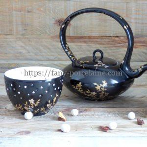 Photophore porcelaine noire et or - décor fleurs du Japon - Limoges
