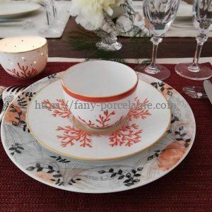 service de table assiette porcelaine Limoges décor végétal et corail