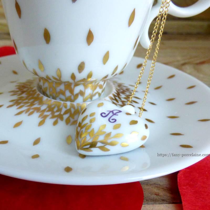 collier coeur porcelaine initiale or
