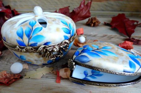 Boite porcelaine diffuesuer de parfum feuilles bleues et or