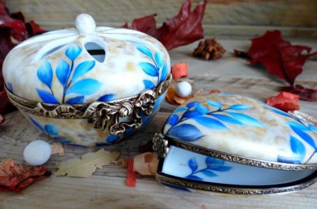 Boite porcelaine Limoges bleu or – Noces de porcelaine Boite porcelaine diffuesuer de parfum feuilles bleues et or
